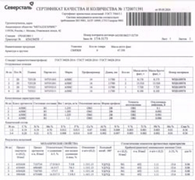 Сертификат Сертификат на Арматура А3 20 мм