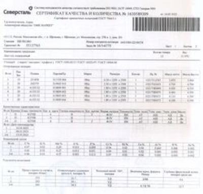 Сертификат Сертификат на Лист холоднокатаный 0,5х1250х2500 мм